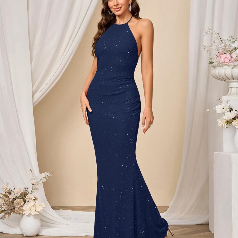Navy Blue Halter Sparkly Dress